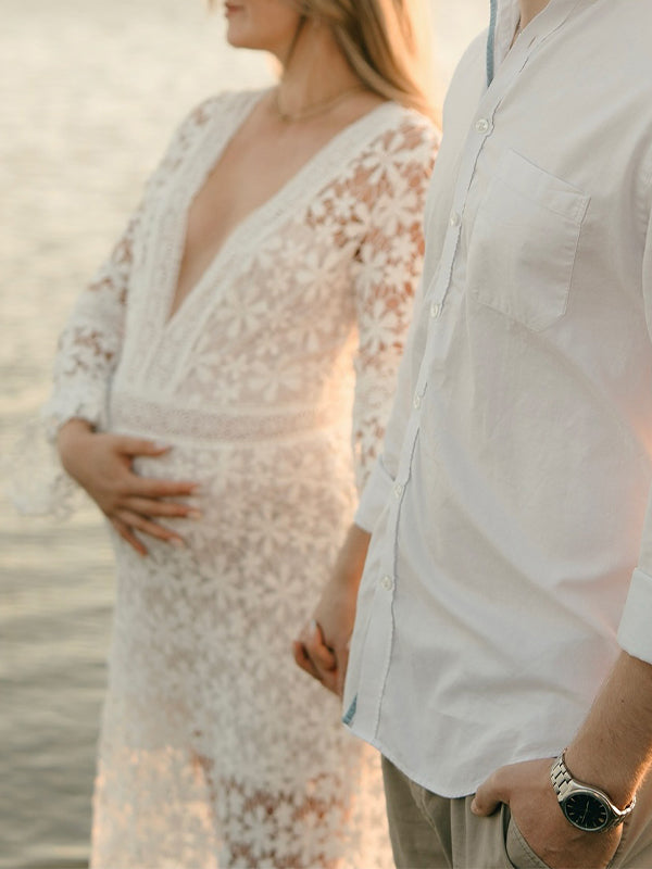 Momsmood Lace Cut Out Flare Sleeve Sheer Photoshoot Maternity Maxi Dress