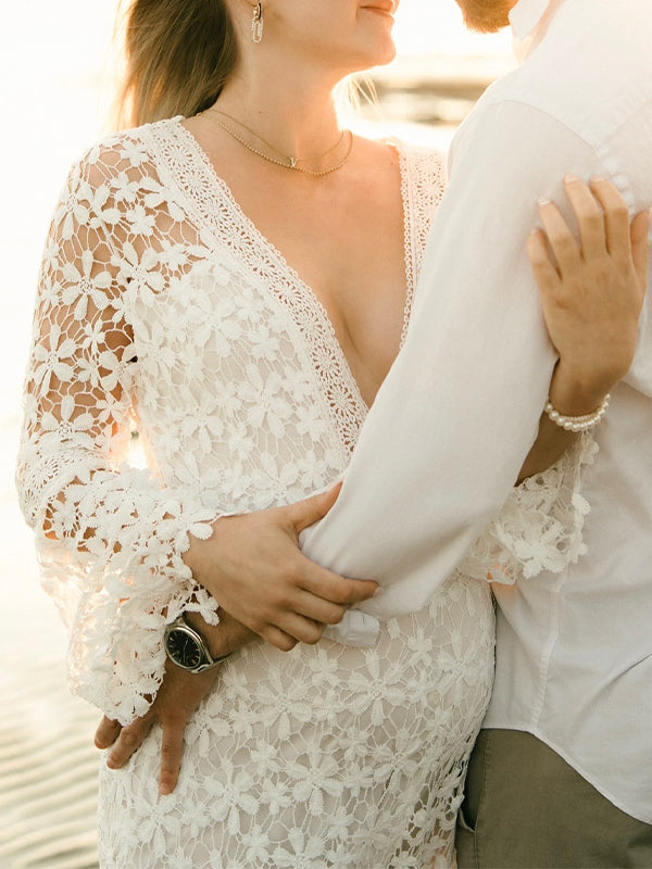 Momsmood Lace Cut Out Flare Sleeve Sheer Photoshoot Maternity Maxi Dress