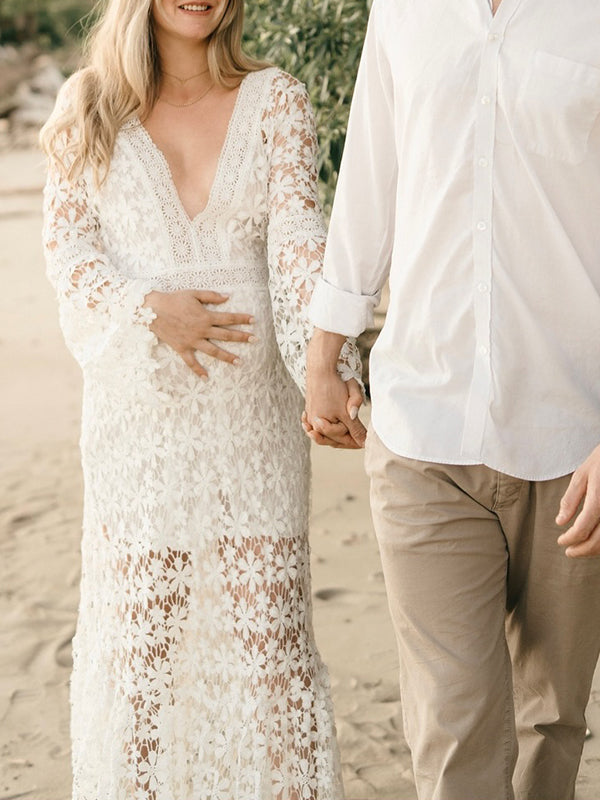 Momsmood Lace Cut Out Flare Sleeve Sheer Photoshoot Maternity Maxi Dress