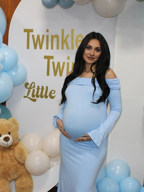 Momsmood Off Shoulder Backless Gender Reveal Baby Shower Maternity Maxi Dress