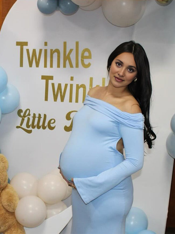 Momsmood Off Shoulder Backless Gender Reveal Baby Shower Maternity Maxi Dress