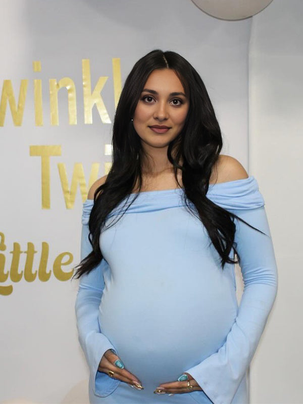 Momsmood Off Shoulder Backless Gender Reveal Baby Shower Maternity Maxi Dress