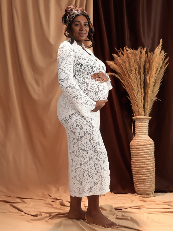 Momsmood Lace Ruffle Front Slit Tie Flare Sleeve Photoshoot Maternity Maxi Dress