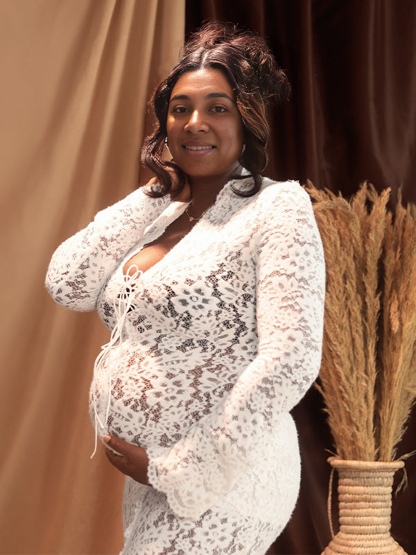Momsmood Lace Ruffle Front Slit Tie Flare Sleeve Photoshoot Maternity Maxi Dress