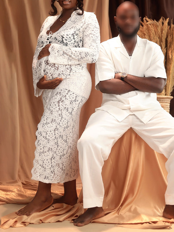 Momsmood Lace Ruffle Front Slit Tie Flare Sleeve Photoshoot Maternity Maxi Dress