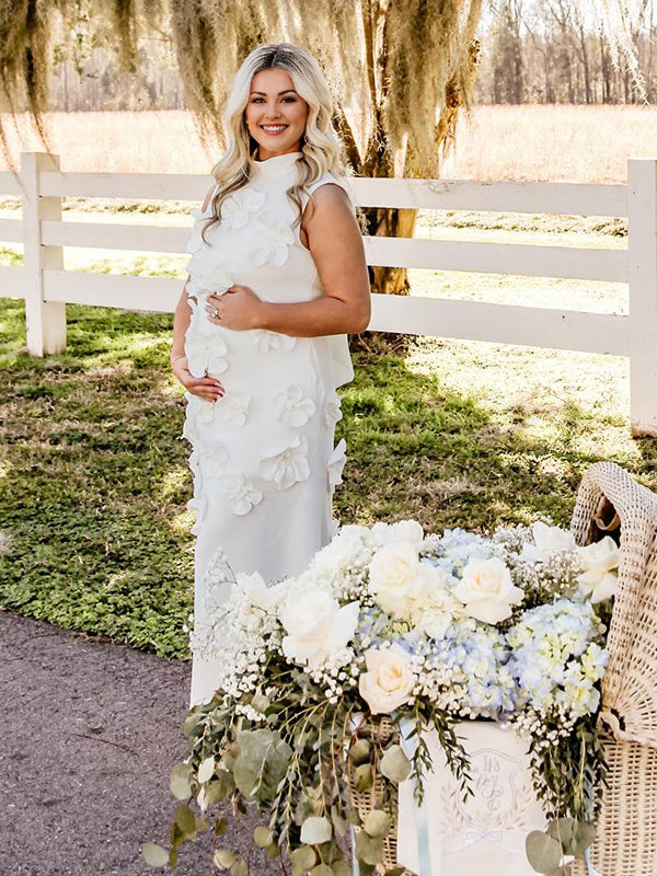 Momsmood 3D Flowers Band Neck Back Bow Photoshoot Baby Shower Maternity Maxi Dress