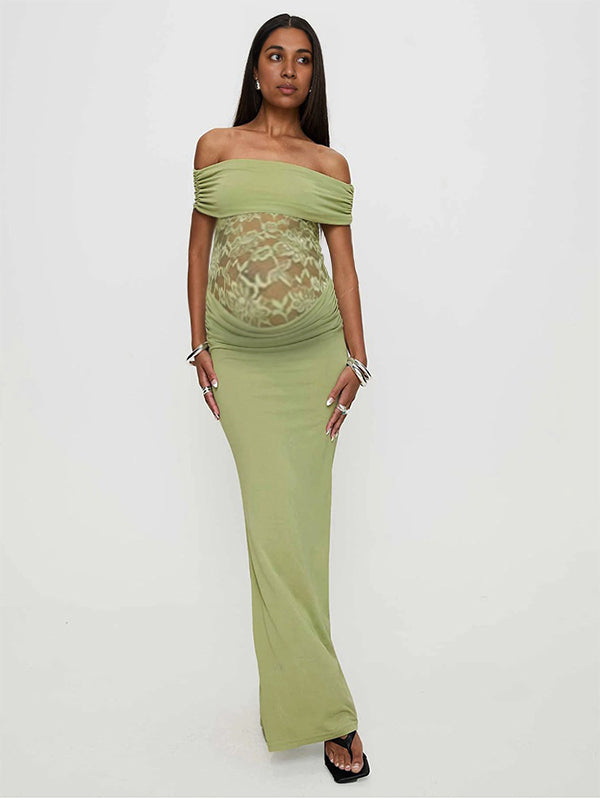 Momsmood Off Shoulder Lace Sheer Splicing Ruched Baby Shower Maternity Maxi Dress