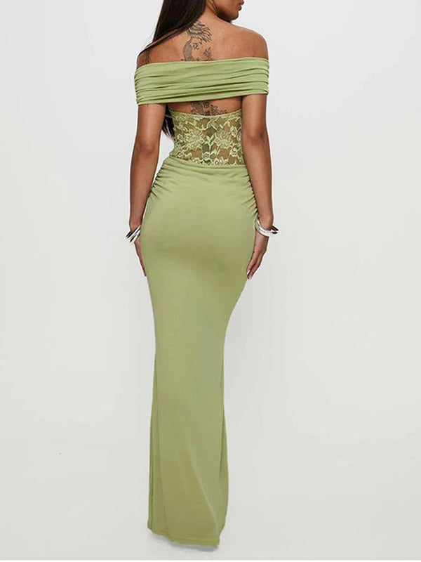 Momsmood Green Off Shoulder Lace Sheer Splicing Ruched Baby Shower Maternity Maxi Dress