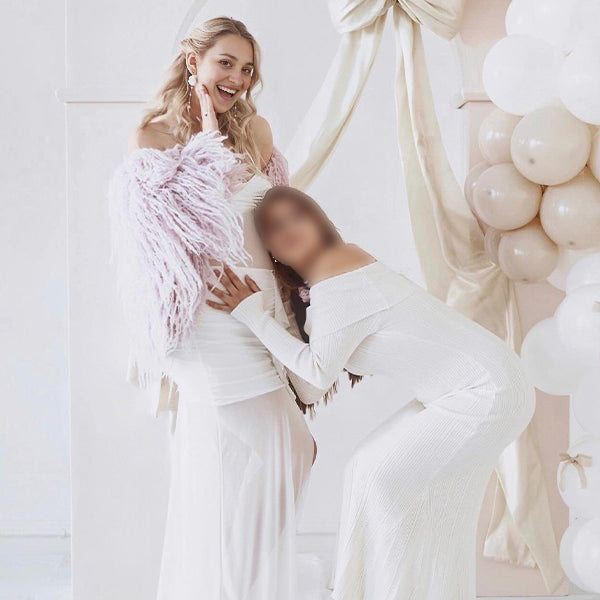 Momsmood Ruffle Front Slit Halter Neck Sheer Baby Shower Maternity Maxi Dress