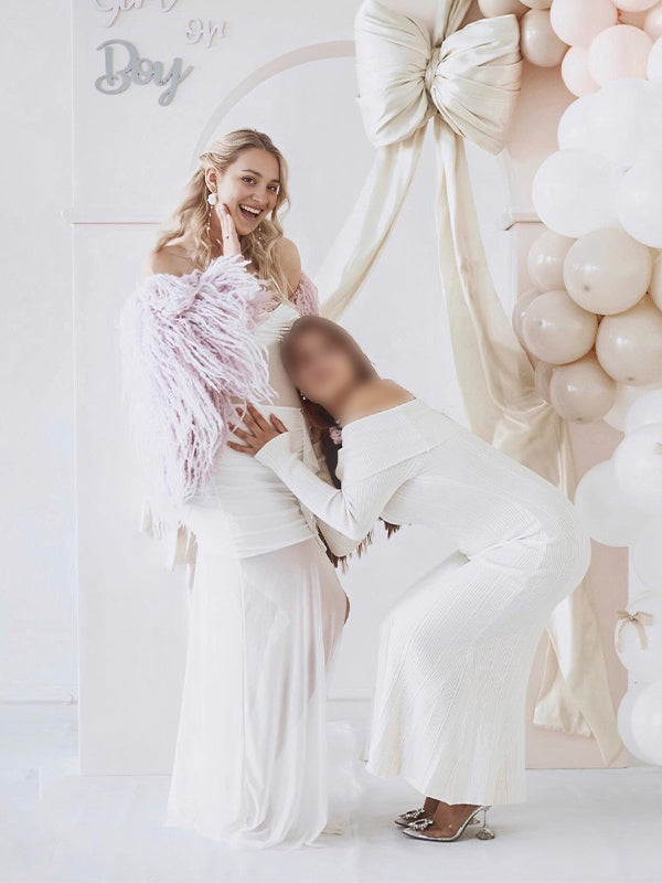 Momsmood Ruffle Front Slit Halter Neck Sheer Baby Shower Maternity Maxi Dress