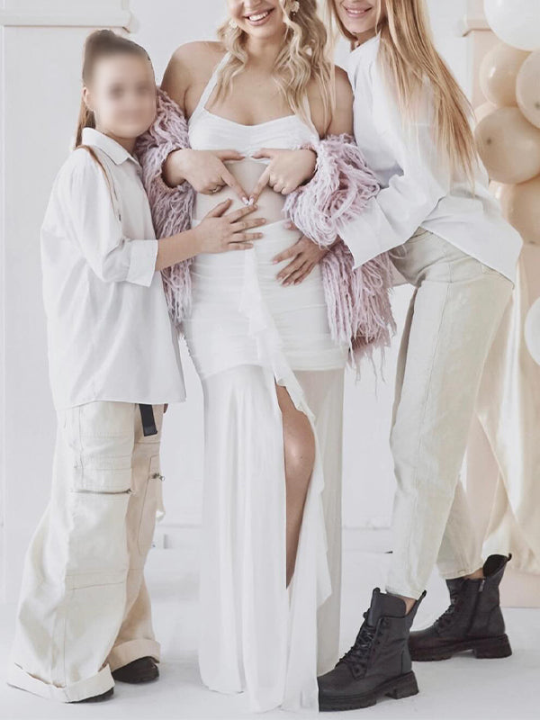 Momsmood Ruffle Front Slit Halter Neck Sheer Baby Shower Maternity Maxi Dress