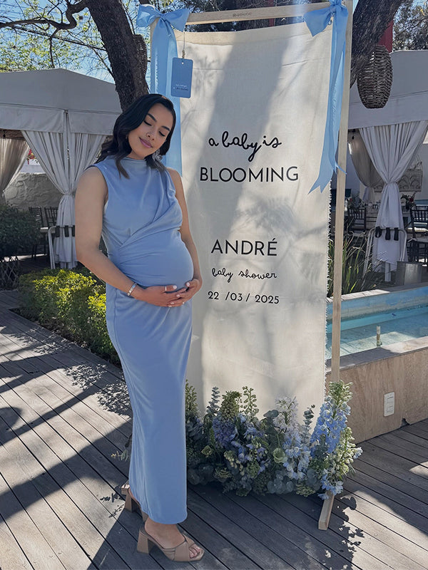 Momsmood Cross Ruched Back Zipper Gender Reveal Baby Boy Shower Maternity Maxi Dress