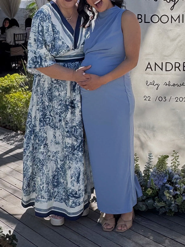 Momsmood Cross Ruched Back Zipper Gender Reveal Baby Boy Shower Maternity Maxi Dress