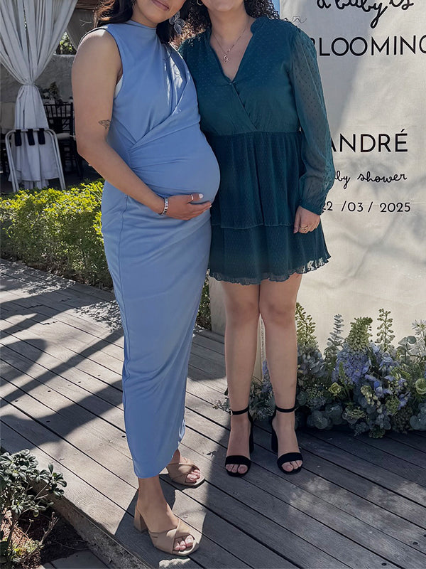Momsmood Cross Ruched Back Zipper Gender Reveal Baby Boy Shower Maternity Maxi Dress