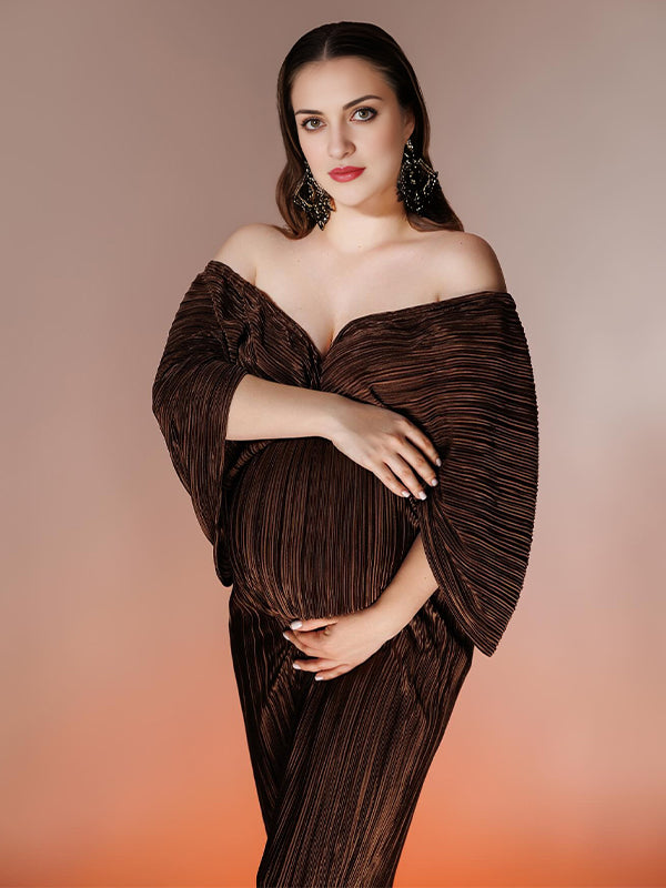 Momsmood Pleated Off Shoulder Dolman Sleeve Photoshoot Maternity Maxi Dress