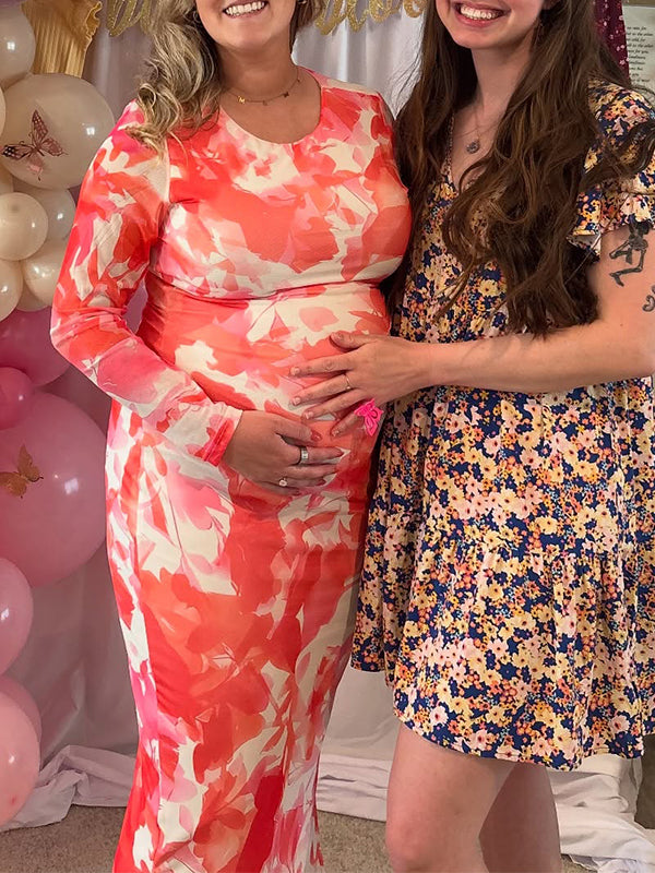 Momsmood Floral Side Slit Ruched Bodycon Baby Shower Maternity Maxi Dress