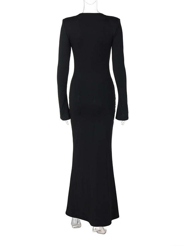 Momsmood Metal Buckle Flare Sleeve Ruched Mermaid Photoshoot Maternity Maxi Dress