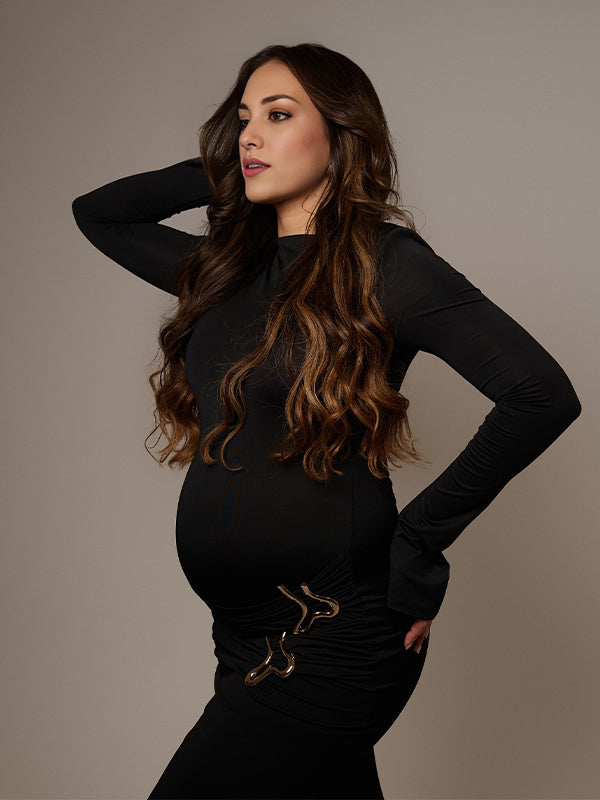 Momsmood Metal Buckle Flare Sleeve Ruched Mermaid Photoshoot Maternity Maxi Dress