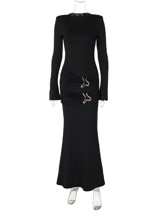 Momsmood Metal Buckle Flare Sleeve Ruched Mermaid Photoshoot Maternity Maxi Dress