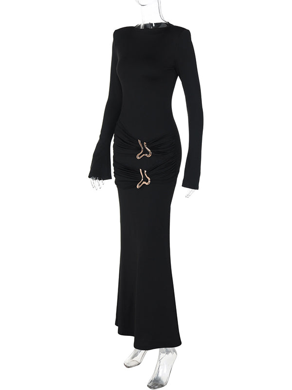Momsmood Metal Buckle Flare Sleeve Ruched Mermaid Photoshoot Maternity Maxi Dress