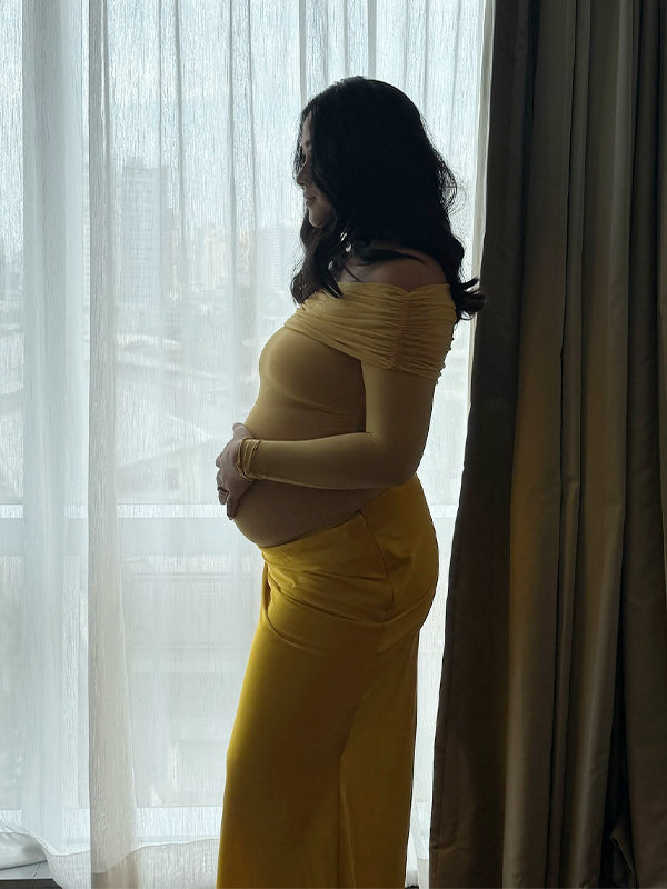 Momsmood Off Shoulder Cut Out Grenadine Splicing Sheer Ruched Baby Shower Maternity Maxi Dress