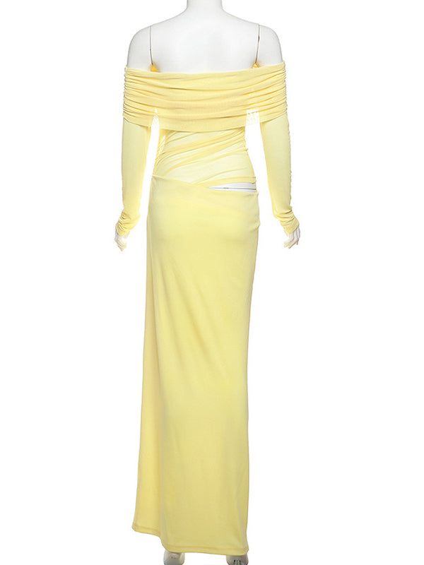 Momsmood Off Shoulder Cut Out Grenadine Splicing Sheer Ruched Baby Shower Maternity Maxi Dress