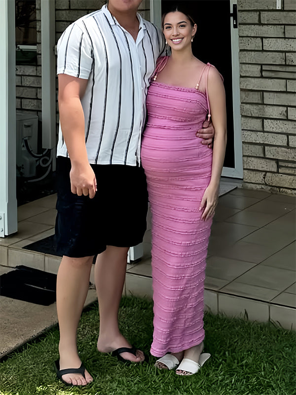 Momsmood Cake Ruffle Smocked Cami Gender Reveal Baby Girl Shower Maternity Maxi Dress