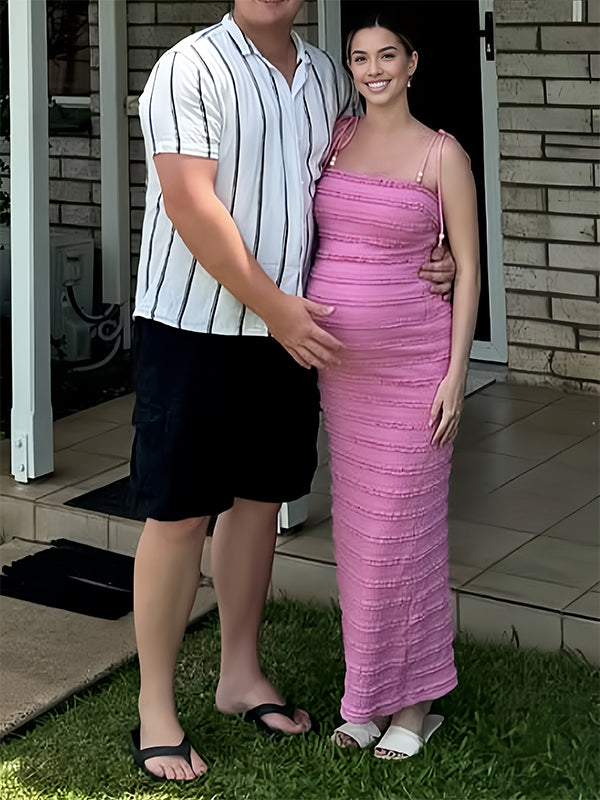 Momsmood Cake Ruffle Smocked Cami Gender Reveal Baby Girl Shower Maternity Maxi Dress