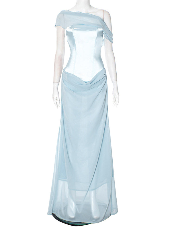 Momsmood Off Shoulder Silk Grenadine Splicing Mermaid Gender Reveal Baby Boy Shower Maternity Maxi Dress
