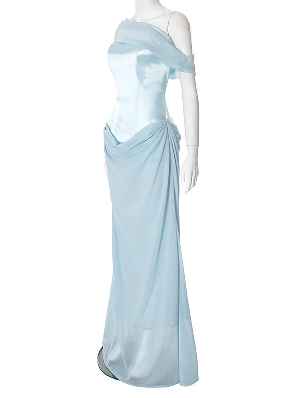Momsmood Off Shoulder Silk Grenadine Splicing Mermaid Gender Reveal Baby Boy Shower Maternity Maxi Dress