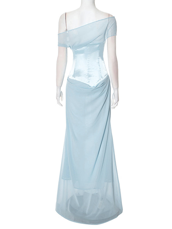 Momsmood Off Shoulder Silk Grenadine Splicing Mermaid Gender Reveal Baby Boy Shower Maternity Maxi Dress