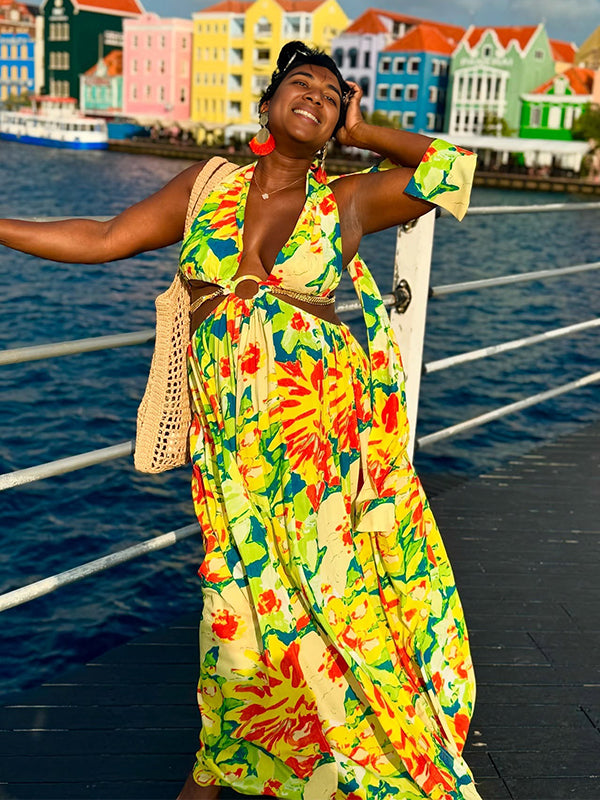 Momsmood Tropical Floral Cut Out Side Slit Halter Neck Back Tie Vacation Maternity Maxi Dress