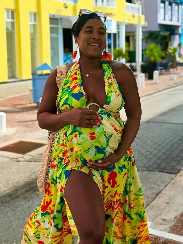 Momsmood Tropical Floral Cut Out Side Slit Halter Neck Back Tie Vacation Maternity Maxi Dress