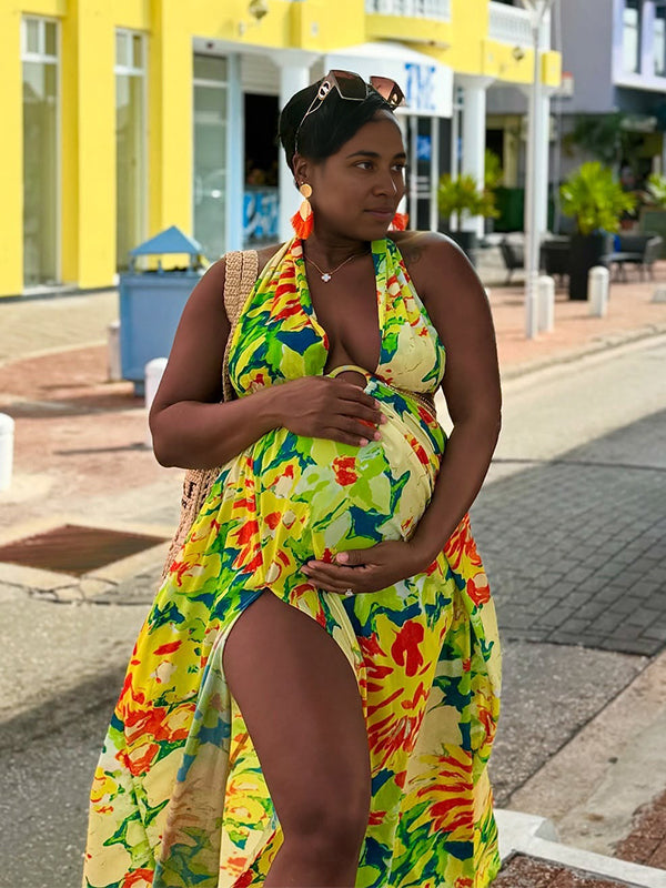 Momsmood Tropical Floral Cut Out Side Slit Halter Neck Back Tie Vacation Maternity Maxi Dress