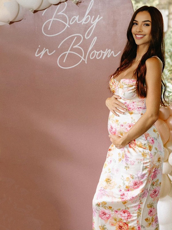 Beige Floral Back Slit Backless Baby Shower Maternity Maxi Dress