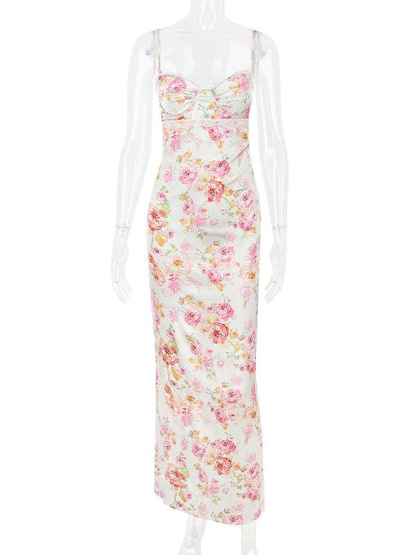 Beige Floral Back Slit Backless Baby Shower Maternity Maxi Dress