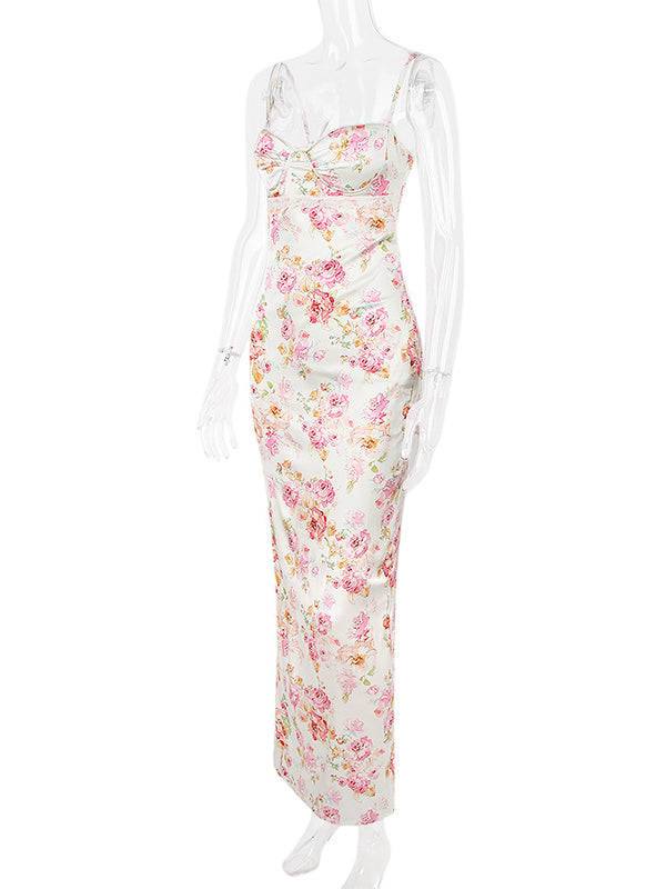 Beige Floral Back Slit Backless Baby Shower Maternity Maxi Dress