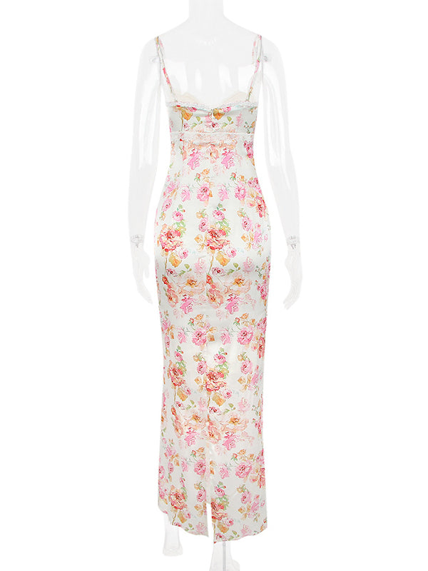Beige Floral Back Slit Backless Baby Shower Maternity Maxi Dress