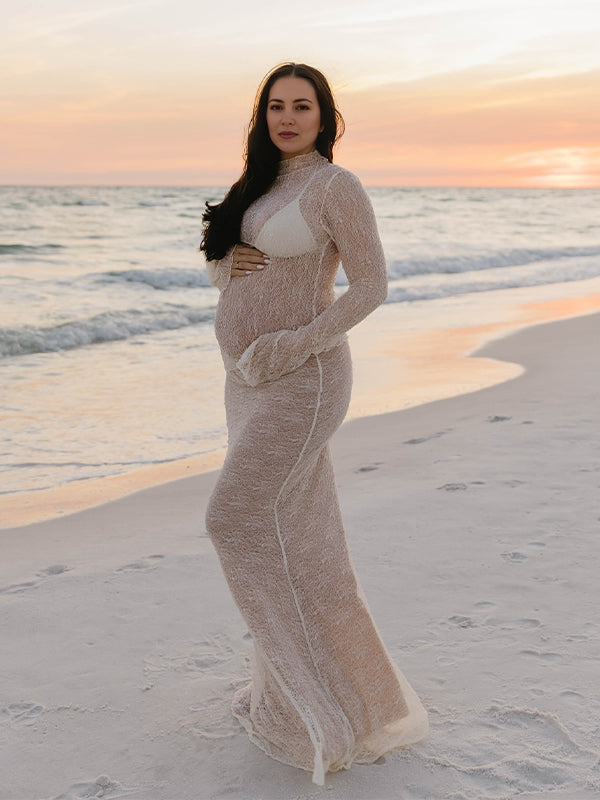 Momsmood 2-in-1 Lace Ruffle Irregular Sheer Photoshoot Maternity Maxi Dress