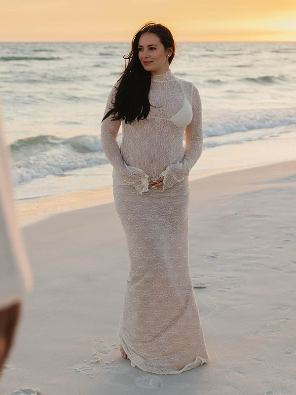 Momsmood 2-in-1 Lace Ruffle Irregular Sheer Photoshoot Maternity Maxi Dress