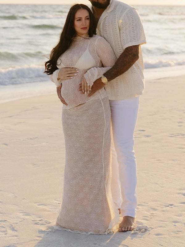 Momsmood 2-in-1 Lace Ruffle Irregular Sheer Photoshoot Maternity Maxi Dress