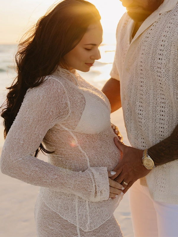 Momsmood 2-in-1 Lace Ruffle Irregular Sheer Photoshoot Maternity Maxi Dress
