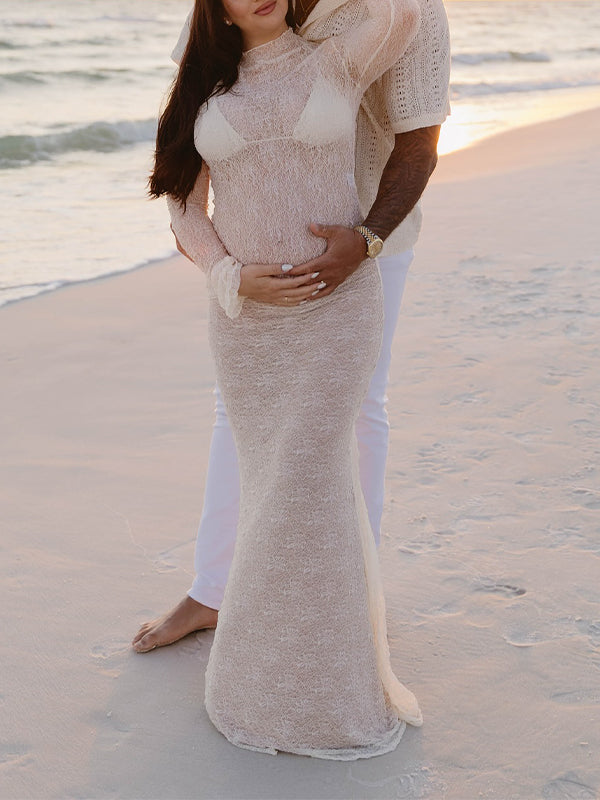 Momsmood 2-in-1 Lace Ruffle Irregular Sheer Photoshoot Maternity Maxi Dress