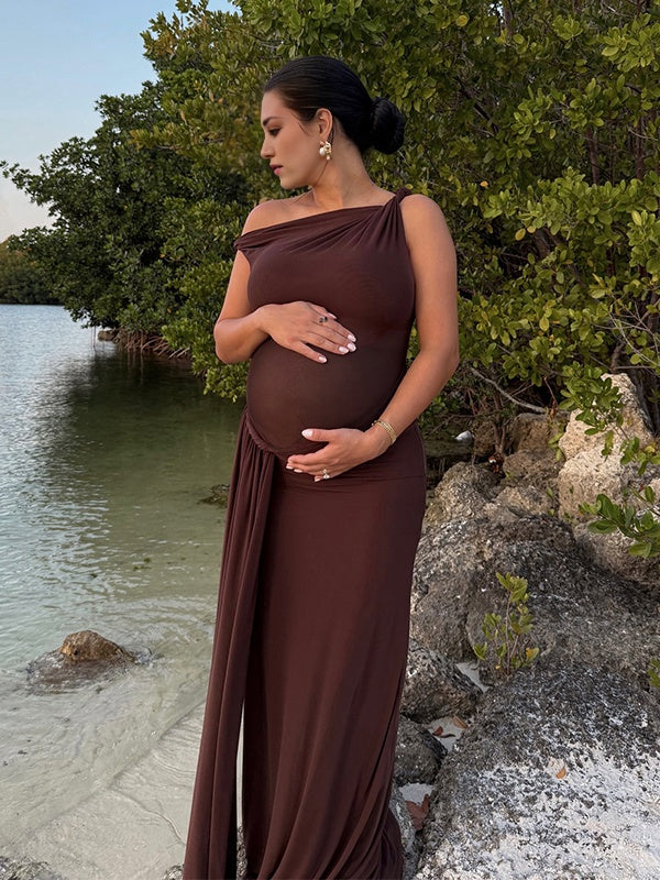 Momsmood One Shoulder Draped Big Swing Photoshoot Baby Shower Maternity Maxi Dress