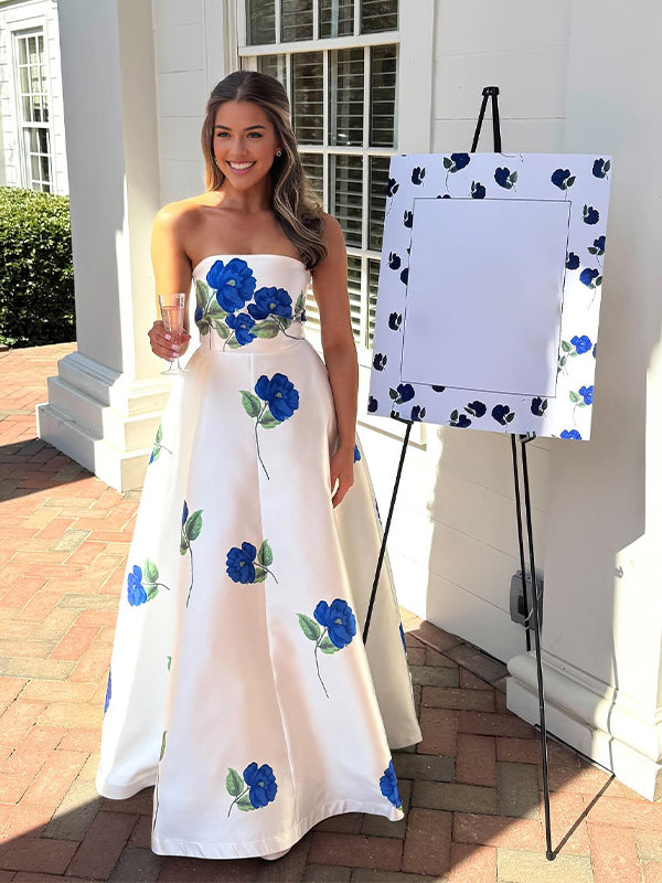 Momsmood Floral Bandeau Silk Big Swing Gender Reveal Baby Boy Shower Maternity Maxi Dress