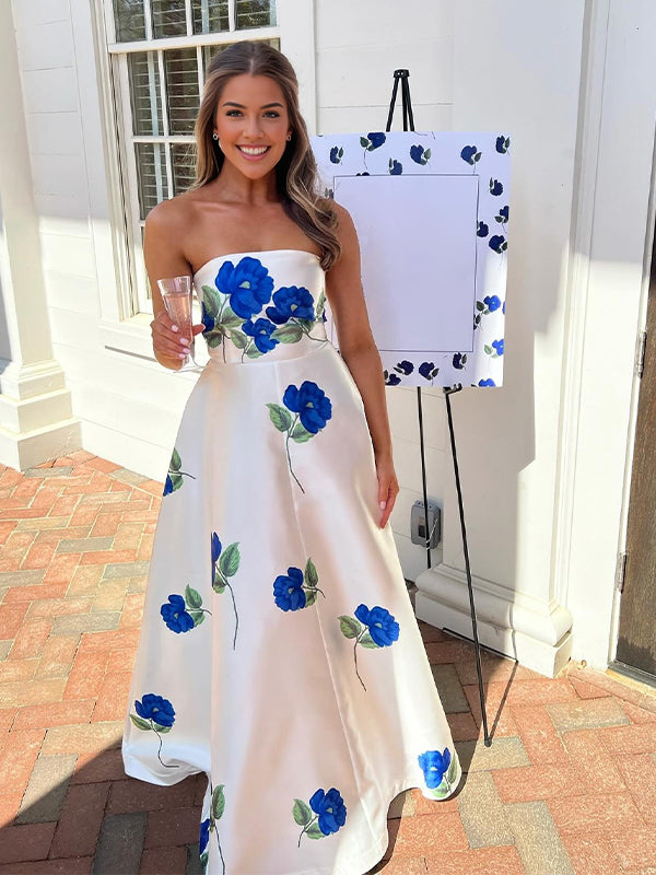 Momsmood Floral Bandeau Silk Big Swing Gender Reveal Baby Boy Shower Maternity Maxi Dress