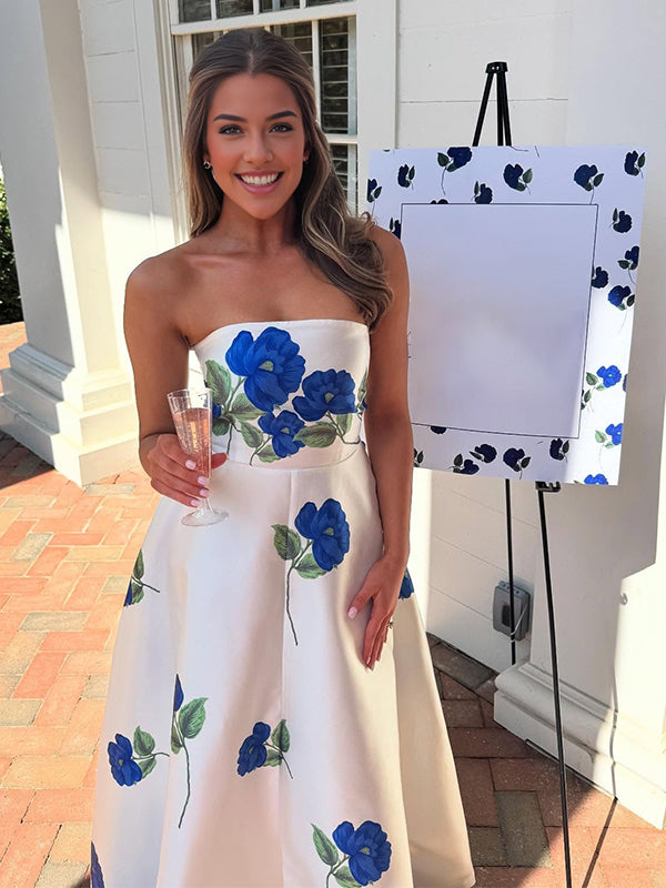 Momsmood Floral Bandeau Silk Big Swing Gender Reveal Baby Boy Shower Maternity Maxi Dress
