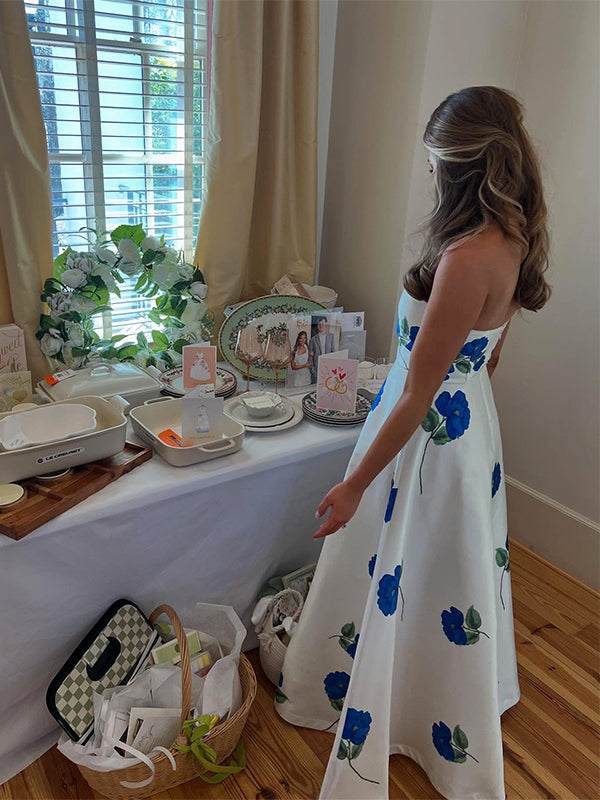Momsmood Floral Bandeau Silk Big Swing Gender Reveal Baby Boy Shower Maternity Maxi Dress
