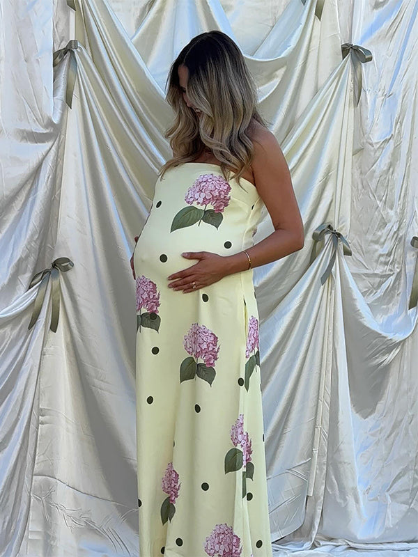 Momsmood Floral Bandeau Back Zipper Baby Shower Maternity Maxi Dress