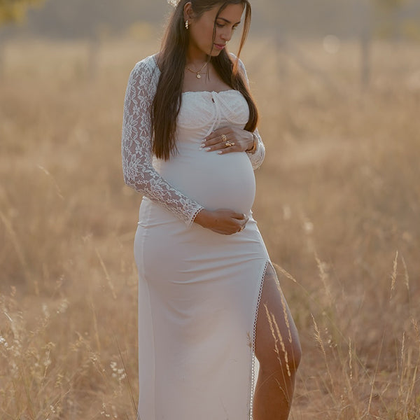 Momsmood Lace Side Slit Backless Tie Photoshoot Maternity Maxi Dress
